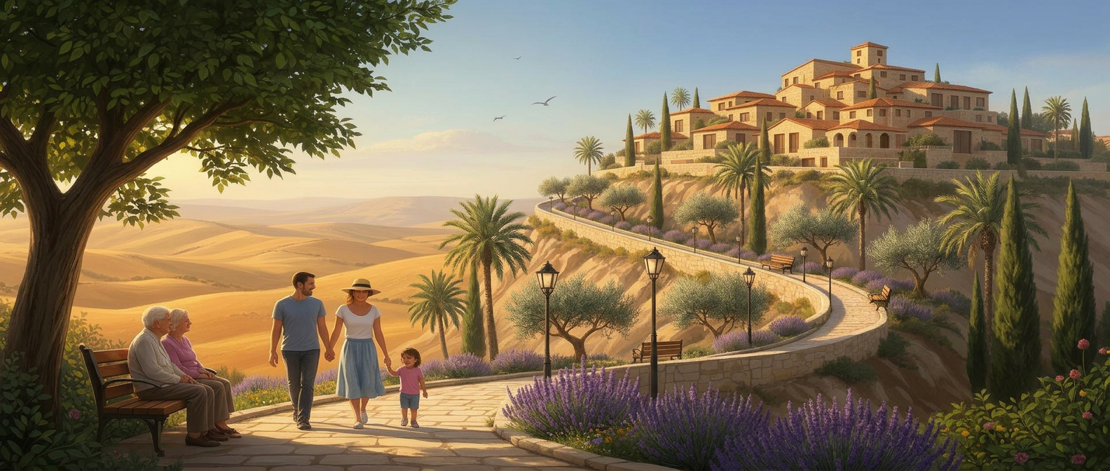Family walking along a tree-lined path with a couple on a bench in Ma'ale Adumim